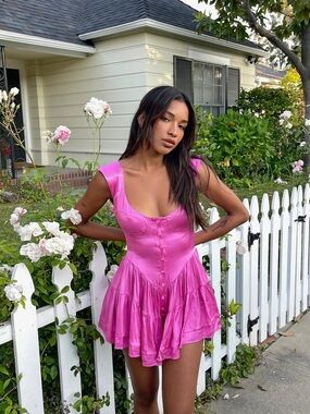 Vanessa Mooney The Elisabeth Romper Dress In Hot Pink Satin